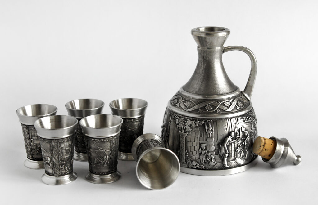 Vintage,Silver,Or,Pewter,Decanter,And,Glasses.,Photo,With,A